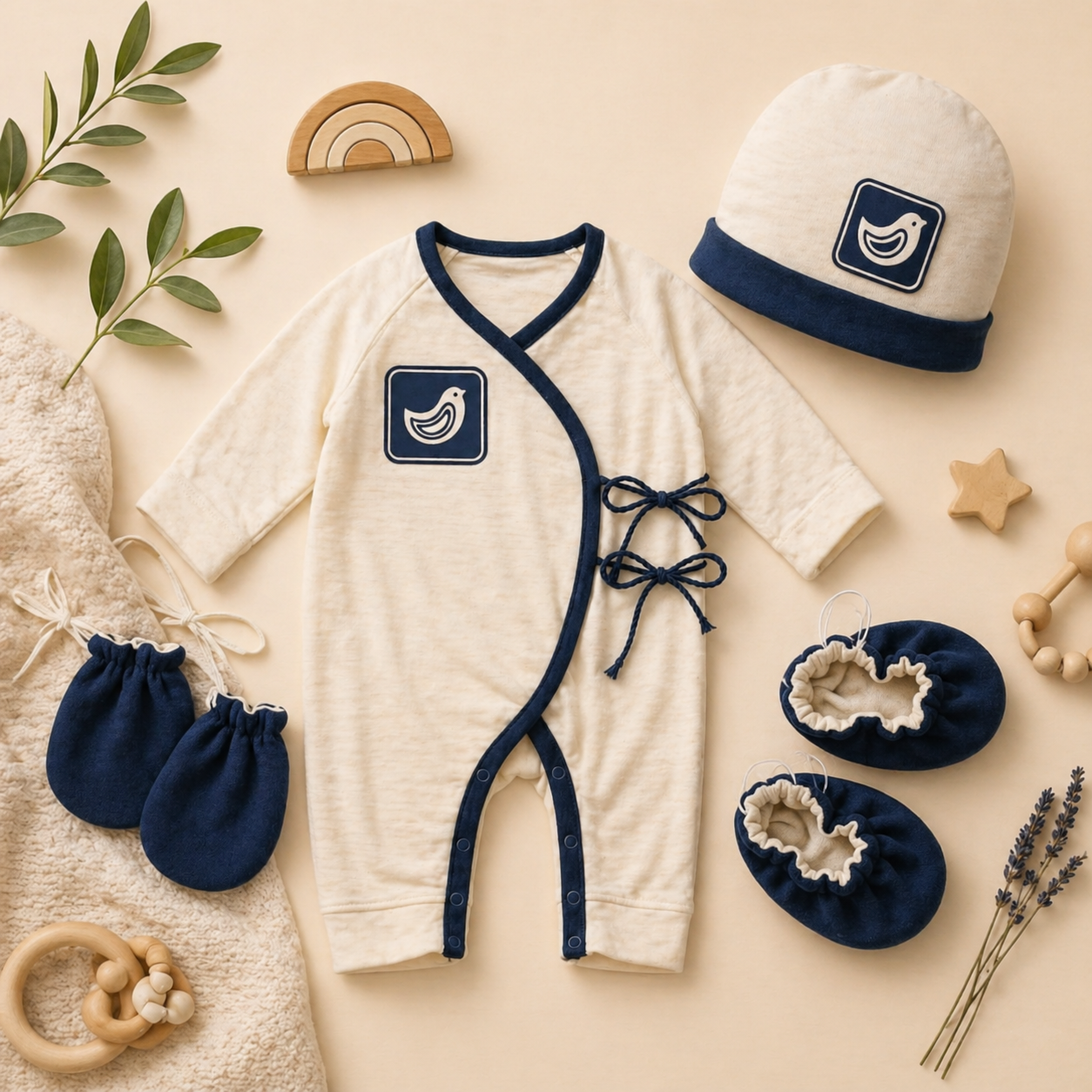 Organic bamboo newborn wearable gift set in cream and navy Bird Design by Cloud Cradle, including onesie, cap, mitts and booties on cream background