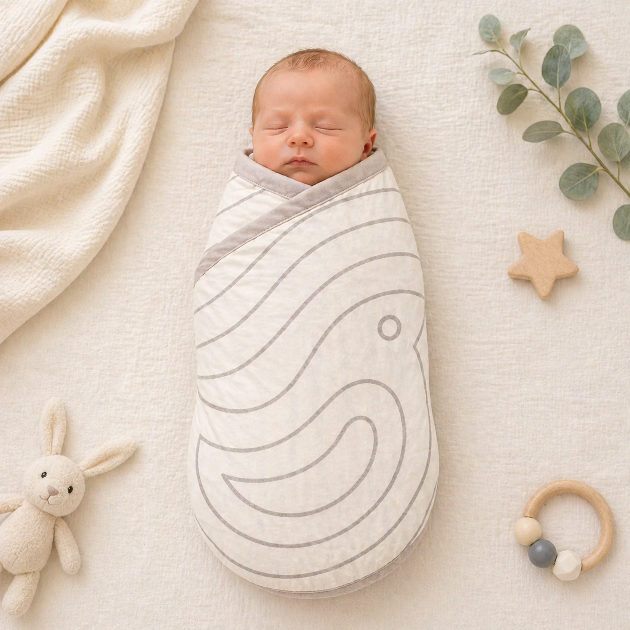 100% pure bamboo baby swaddle featuring the Special Bird Design in cream and teal - CloudCradle.